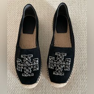 Tory Burch women’s embellished espadrille, black suede, size 8